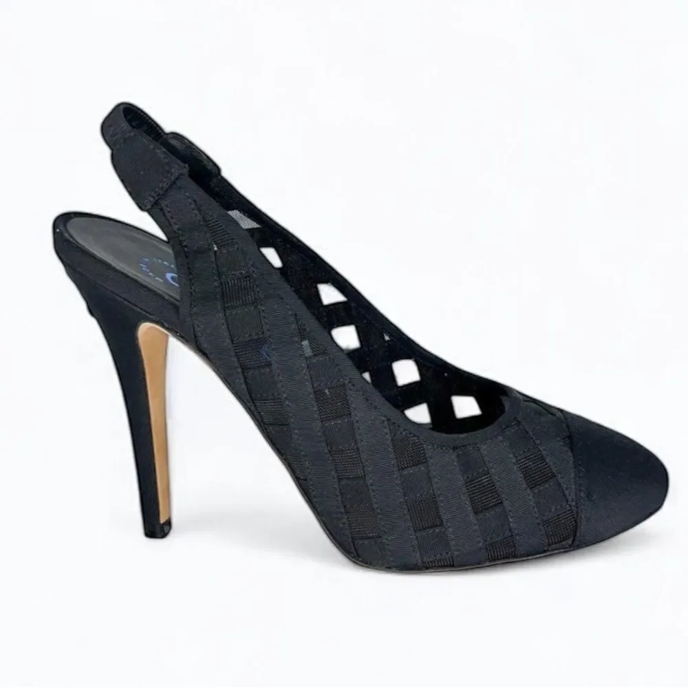 CHANEL Black Diamond Pattern Mesh CC Logo Cap Toe Slingback Sandals Size…